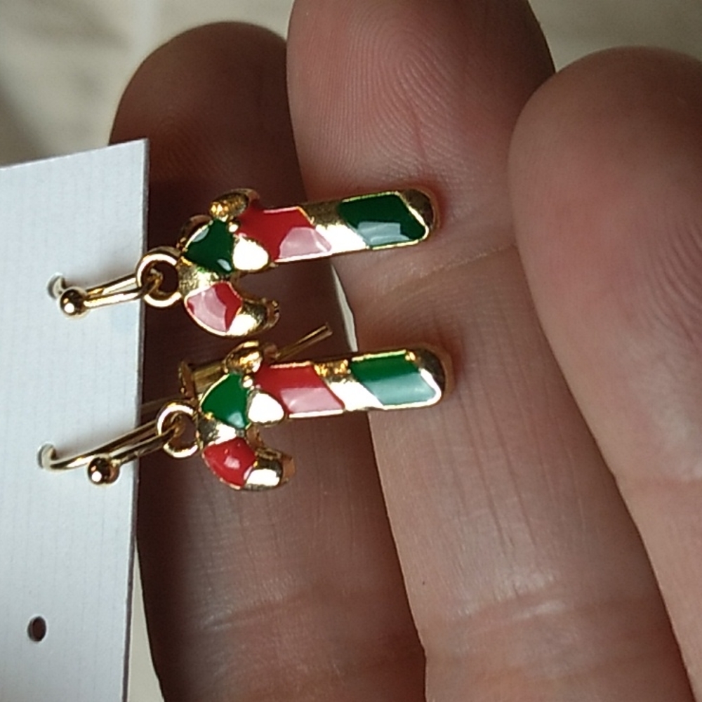 Hypoallergenic Metal Christmas Earrings Candy Cane in Gold, Red & Green - Picture 2 of 7